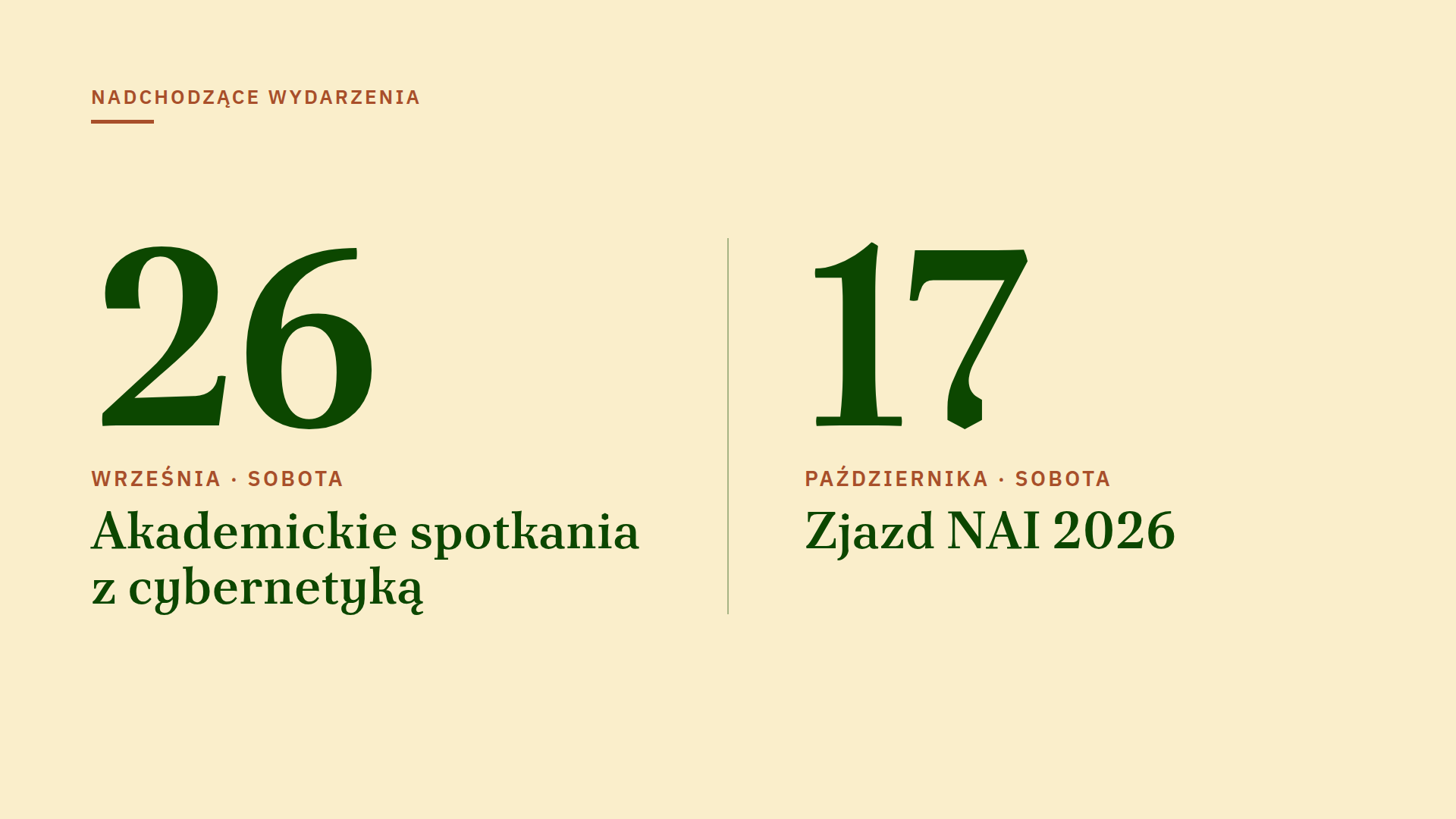 Nadchodzące wydarzenia: 26 września – Akademickie spotkania z cybernetyką, 17 października – Zjazd NAI 2026