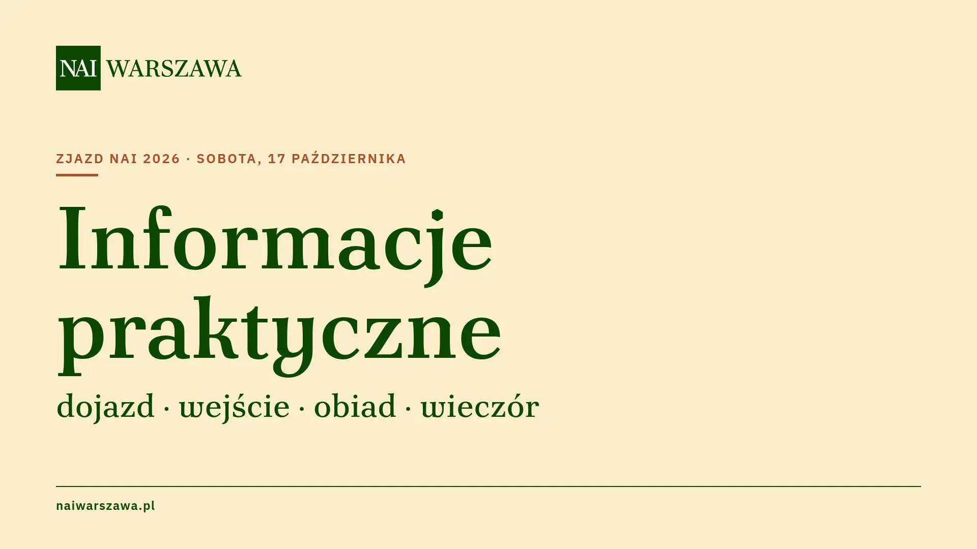 Zjazd NAI 2026, sobota 17 października – informacje praktyczne: dojazd, wejście, obiad, wieczór